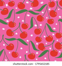 Playful bright cherries vector repeat pattern with doodle stars. Great for home decor, wrapping, fashion, scrapbooking, wallpaper, gift, kids, apparel.