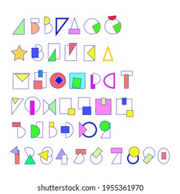 Eine spielerische, helle Schriftart aus Würfeln in kyrillisch. Ein Rätsel aus zerstreuten Kinderspielzeug.