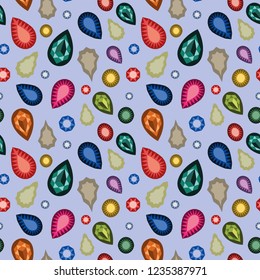 Playful bright varied gemstones pattern, seamless vector repeat on plain background. Design elements in trendy flat illustration style.

