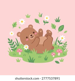 A playful brown bear cub with a happy expression is rolling in the grass, surrounded by daisies and tiny mushrooms.
