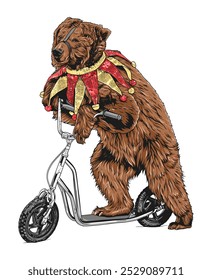 A playful brown bear, dressed as a clown, rides a scooter.