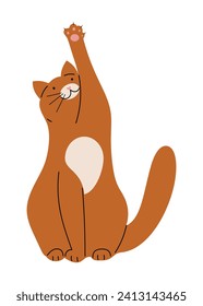 Playful brown cat, reaching its paw for something above. Hand drawn vector illustration in flat design, isolated on white