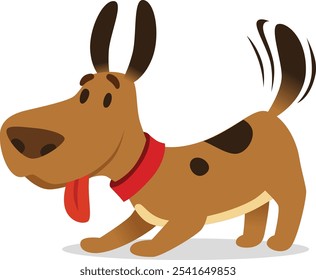 Playful brown dog with dark spots and red collar in cartoon illustration, wagging tail and panting with happy and energetic attitude