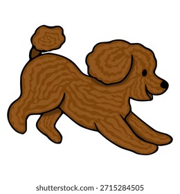 A playful brown poodle in a dynamic running pose, rendered as a charming vector illustration with a distinct, textured coat and a simplified, friendly expression.