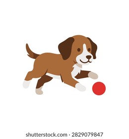 Playful brown puppy chasing a red ball on white background. A minimalist flat design showing a happy brown and white puppy running toward a red ball. The style is clean and cheerful. Ideal for pet store branding or children educational materials.