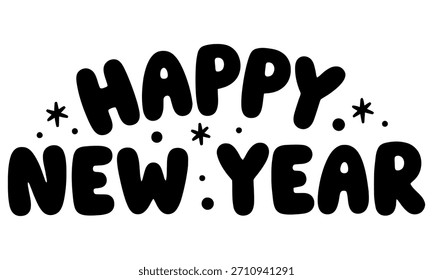 Diseño juguetón de la tipografía de la fuente de la burbuja que dice feliz año Nuevo con las estrellas y los puntos decorativos, etiqueta engomada blanca y negra aislada del Vector para los saludos de las vacaciones.