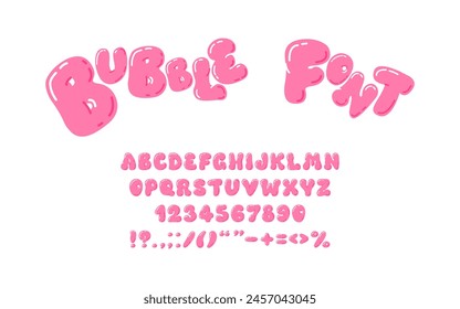 Playful bubble set of pink letters and numbers from 0 to 9. Y2K trendy style. 3D, bubble gum, balloon font. Graffiti. Plump digits and letters, punctuation marks. Childish game, milestones, postcards