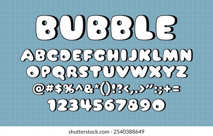 Playful bubble-style font featuring uppercase letters, numbers, and symbols. Can be use for creative projects, cartoons, or children's materials. Each letter has a bold, rounded, and fun appearance.