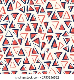 Playful Bule White and Red Geometric Vector Seamless Pattern with Hand-Drawn Triangles. Brush Marker Doodle Zig-Zag Triangles. Abstract Organic Geo Print Perfect for Fashion, Textiles, Scrapbooking