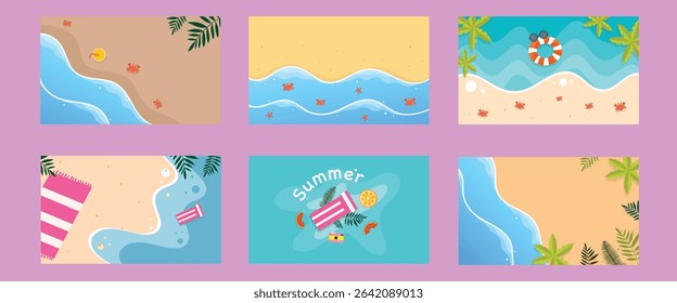 A playful bundle set of beach scenes with waves float objects sand and tropical decorative leaves for summer