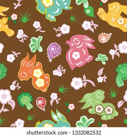Playful bunnies with cherry blossom,  radish and cabbage seamless repeat pattern. Great for fabric or wallpaper designs