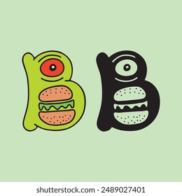 Playful burger logo, letter B for Burger, cartoon burger monster logo template