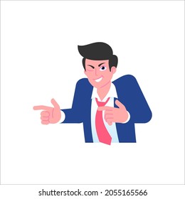 Playful businessman winks and points fingers. Successful business, positive mood concept. Male emoji character with different emotion and gesturing. Vector illustration isolated on white background