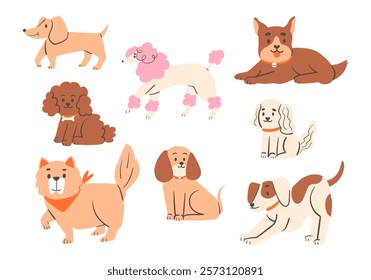 Playful and Calm Dog Illustration Set. A collection of eight dog illustrations featuring breeds like dachshund, and beagle in playful and relaxed poses. Perfect for pet and animal-themed designs