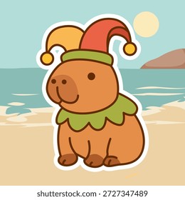 Verspielte Capybara Jester Aufkleber auf einem sonnigen Strand