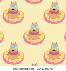 Playful capybara seamless design – cartoon animals relaxing in donut floats with snorkels on light pink
