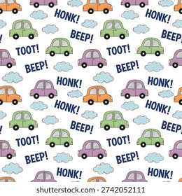 Playful Car Honk  Beep Pattern cute cartoon cars, HONK, BEEP, TOOT text, clouds in pastel blue and pink tones