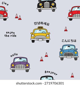 Ilustración de coche juguetón con hola en diferentes idiomas