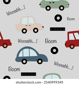 Playful Car Seamless Pattern with Colorful Vehicles and Road Elements