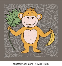 Playful card with doodle hand drawn a monkey, bananas and palm leaves. Cartoon animal vector illustration