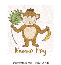 Playful card with doodle hand drawn a monkey, bananas and palm leaves. Cartoon animal vector illustration