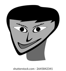 Caricatura lúdica de um rosto humano com um sorriso travesso, perfeito para transmitir personalidade única ou emoção expressiva. Linhas e sombras em negrito criam uma aparência típica, parecida com desenhos animados
