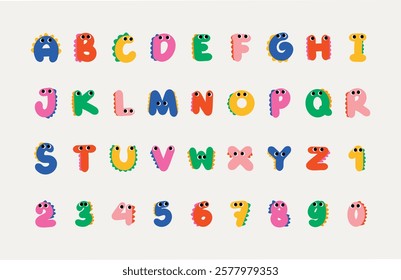 Playful cartoon alphabet and numbers with dino-themed design for kids education. This colorful and fun illustration is ideal for educational tools, children’s books, posters, and learning apps.