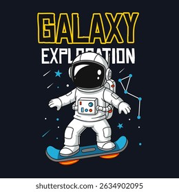 Playful cartoon astronaut on a hoverboard in space.