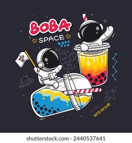 Playful cartoon of astronauts with boba tea floating in outer space.