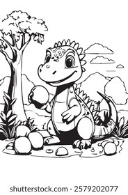 A playful cartoon baby dinosaur holding an egg, surrounded by other eggs in a lush prehistoric environment. 