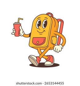 Playful cartoon backpack mascot enjoying a drink while walking. Ideal for summer promotions, leisure branding or casual content. Vector illustration