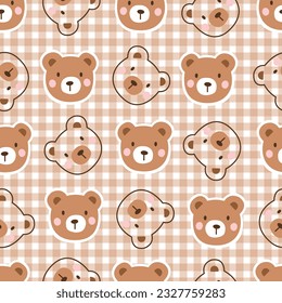 Playful cartoon bear in gingham pattern: cute, hand-drawn flat style illustration. Seamless background for kids' designs, textile print. Whimsical, charming. Perfect for digital art, graphics