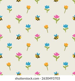 Playful cartoon bees and colorful flowers in a bright design. Set against a soft cream background for a cheerful look. Ideal for children’s products, spring prints, or joyful textiles.