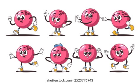 Playful Cartoon Bowling Balls Featuring Diverse Expressions And Poses In Retro Style. Characters Portray Joy And Energy