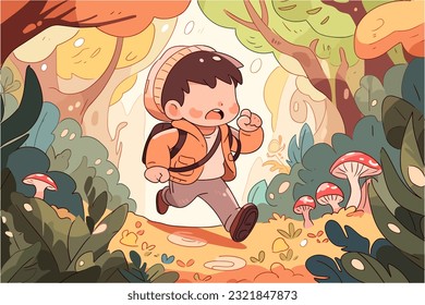 Playful cartoon of a boy exploring the forest
