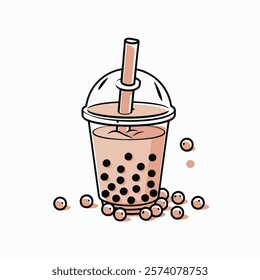 A playful cartoon bubble tea cup with a colorful straw, smiling cheerfully. Tapioca pearls are bouncing out of the cup, each with tiny expressive faces, creating a lively and fun vibe. The design feat