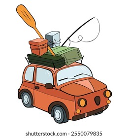 A Playful Cartoon Car That is Completely Loaded and Ready for a Fun Adventure Ahead. Vector. tourism