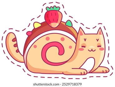 A playful cartoon cat lies comfortably on its side featuring a strawberry atop a candy like shell radiating a joyful and fun ambiance.