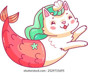 Un juguetón gato de dibujos animados con una cola de sirena sonríe alegremente mientras nada por el agua con una vibrante melena verde y Elementos de diseño caprichosos a su alrededor.