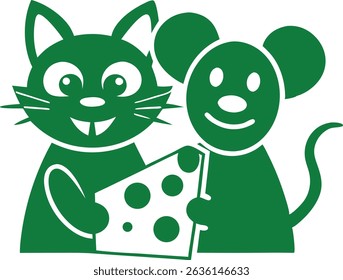 Playful cartoon cat and mouse sharing cheese with transparency for designs