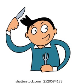 A playful cartoon character holding a knife and fork, ready to eat. Perfect for food-related themes