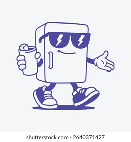 A playful cartoon character shaped like a refrigerator holding a drink, designed with a cool and friendly expression in a bold, cartoon style.