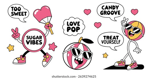 Playful cartoon characters with candy shapes and sunglasses in bright colors and fun expressions.