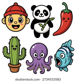 Playful cartoon characters featuring a smiling child with a red hat a panda holding bamboo a happy chili pepper a potted cactus an octopus and a surprised fish against a white
