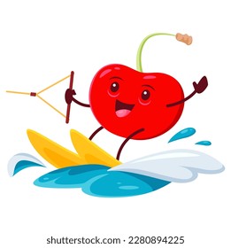 Playful cartoon cherry berry enjoying jet ski water sports recreation on summertime ocean vacation. Isolated vector fresh humorous fruit personage partaking in outdoor fun and relaxation at sea waves