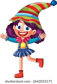 Playful cartoon clown with vibrant colors and a striped hat, showcasing a joyful expression and dynamic pose