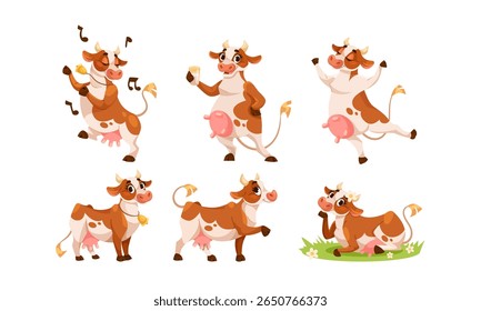 Playful Cartoon Cows Displaying Various Charming Poses for Amusement and Joyful Fun