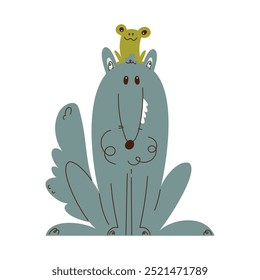 Playful cartoon of a cute wolf sitting with a cheerful green frog perched on its head, conveying a fun and whimsical vibe.