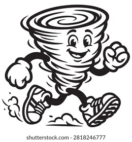 Playful cartoon cyclone mascot with a happy expression shown running fast. Clean black and white line work perfect for coloring pages. A dynamic and fun weather themed vector illustration.