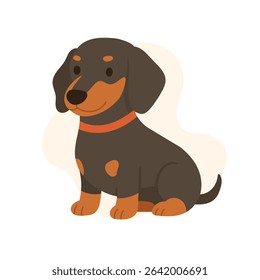 A playful cartoon dachshund sits happily, featuring rich brown and orange fur, with a charming expression and a bright collar, exuding warmth and friendliness.